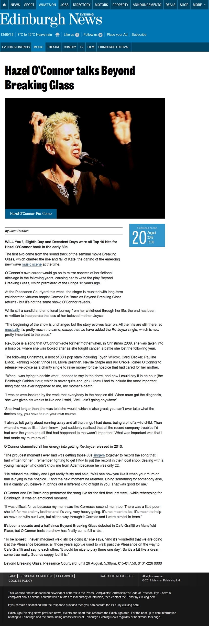HAZEL O'CONNOR - CORMAC DE BARRA - BEYOND BREAKING GLASS - EDINBURGH NEWS - 20 AUG 2013