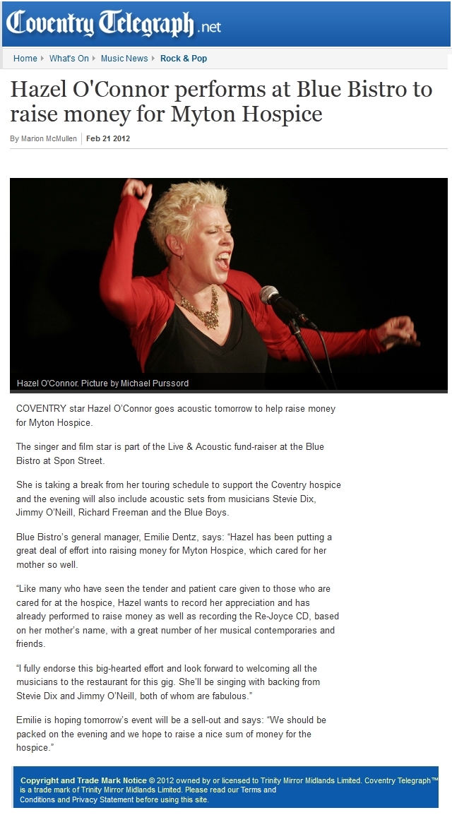 Hazel O'Connor in COVENTRY TELEGRAPH 21 FEB 2012