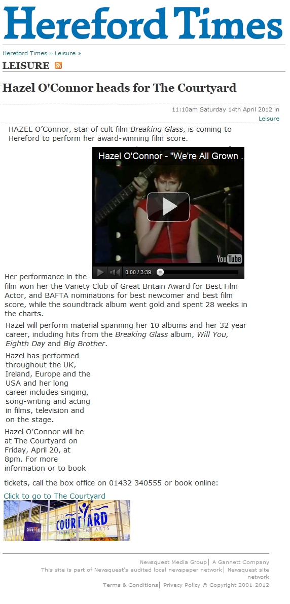 Hazel O'Connor in HEREFORD TIMES 14 APR 2012