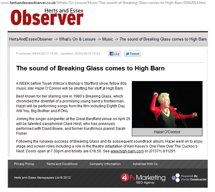 Hazel O'Connor in HERTS AND ESSEX OBSERVER 09 APR 2012