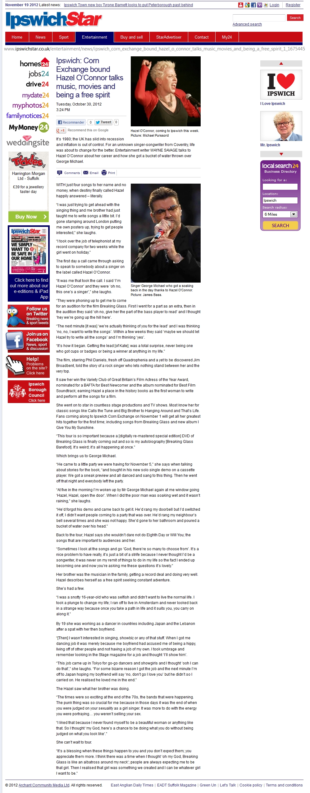 HAZEL O'CONNOR IN IPSWICH STAR - 30 OCT 2012