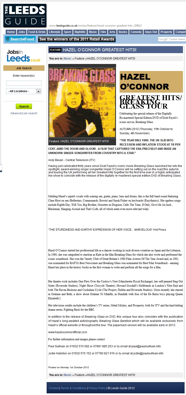 HAZEL O'CONNOR IN THE LEEDS GUIDE - 02 OCT 2012