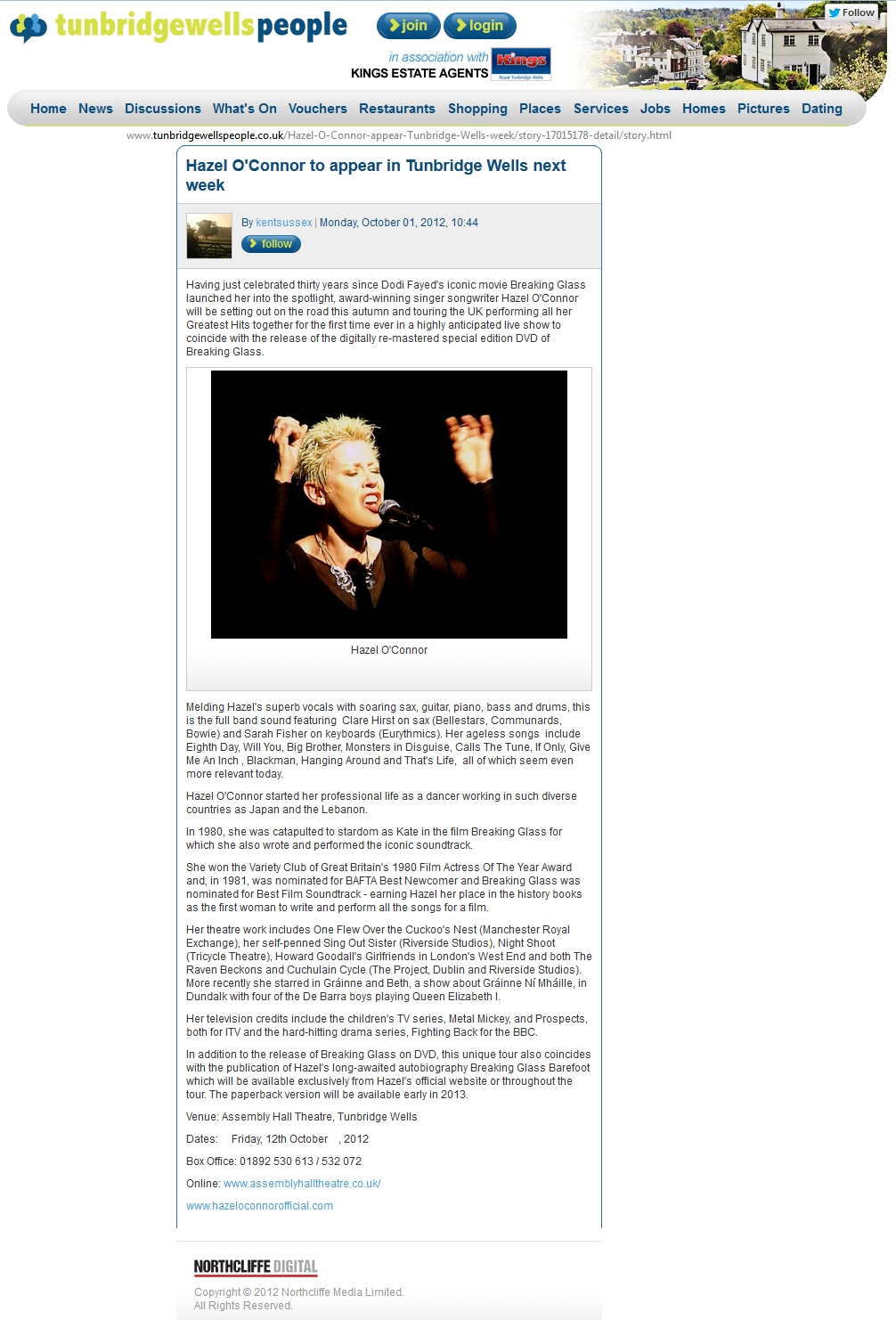 HAZEL O'CONNOR IN TUNBRIDGEWELLS PEOPLE - 01 OCT 2012