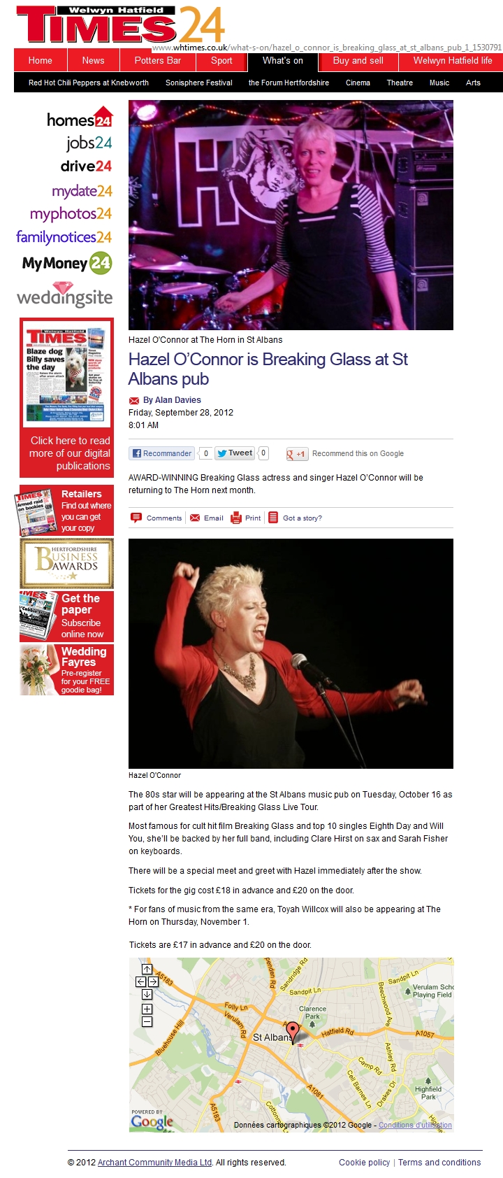 HAZEL O'CONNOR IN WELWYN HATFIELD TIMES 24 - 28 SEP 2012