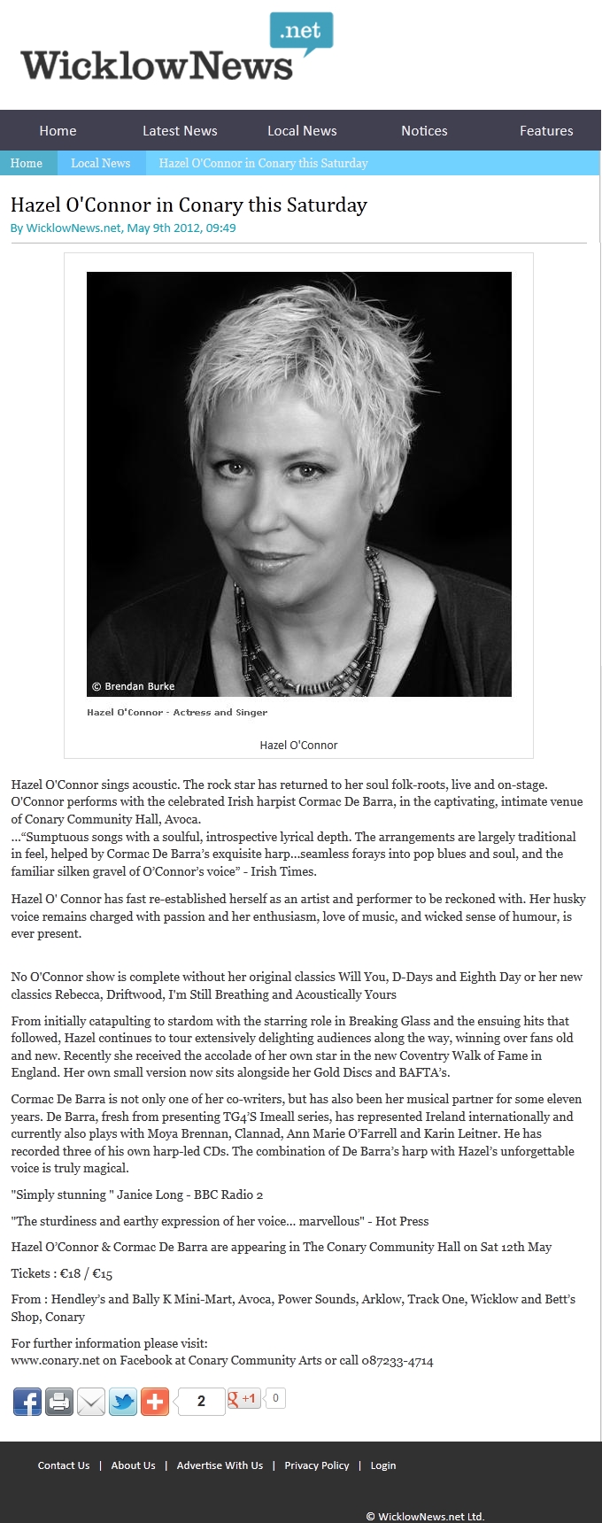 Hazel O'Connor in WICKLOW NEWS 09 MAY 2012