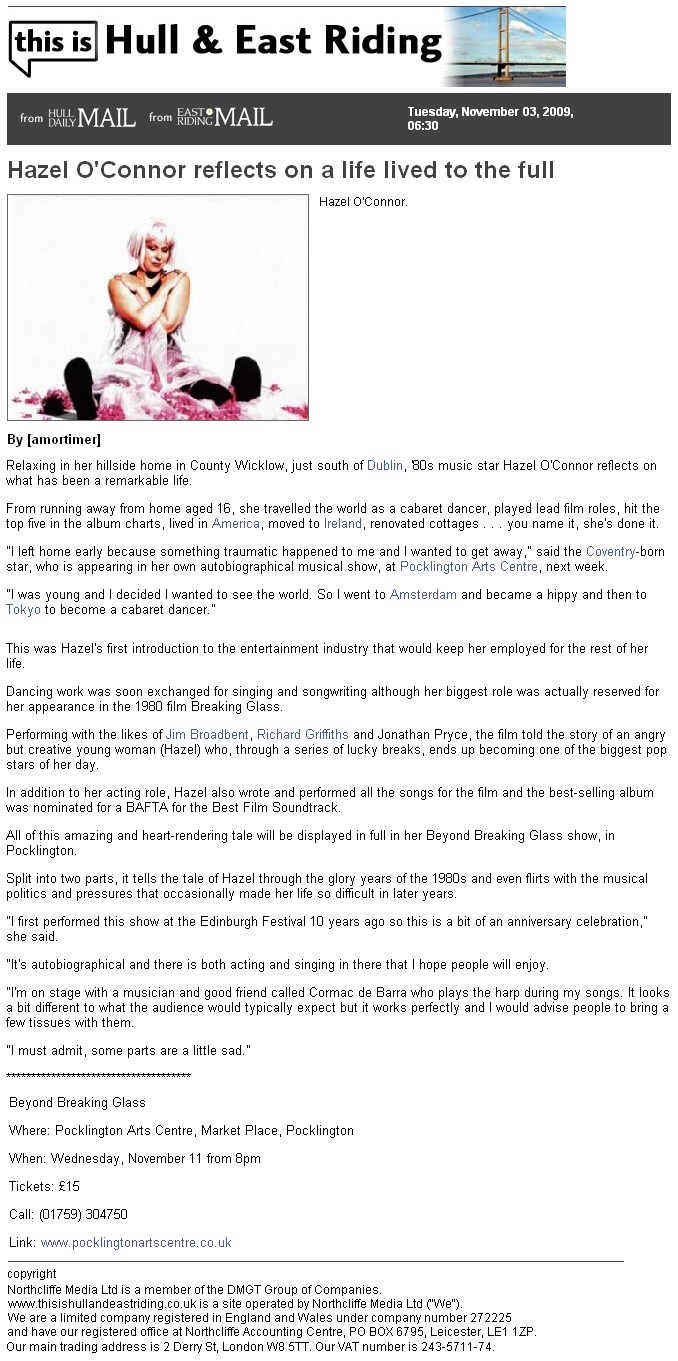 Hazel O'Connor in Hull & East Riding Daily Mail 03 Nov 2009