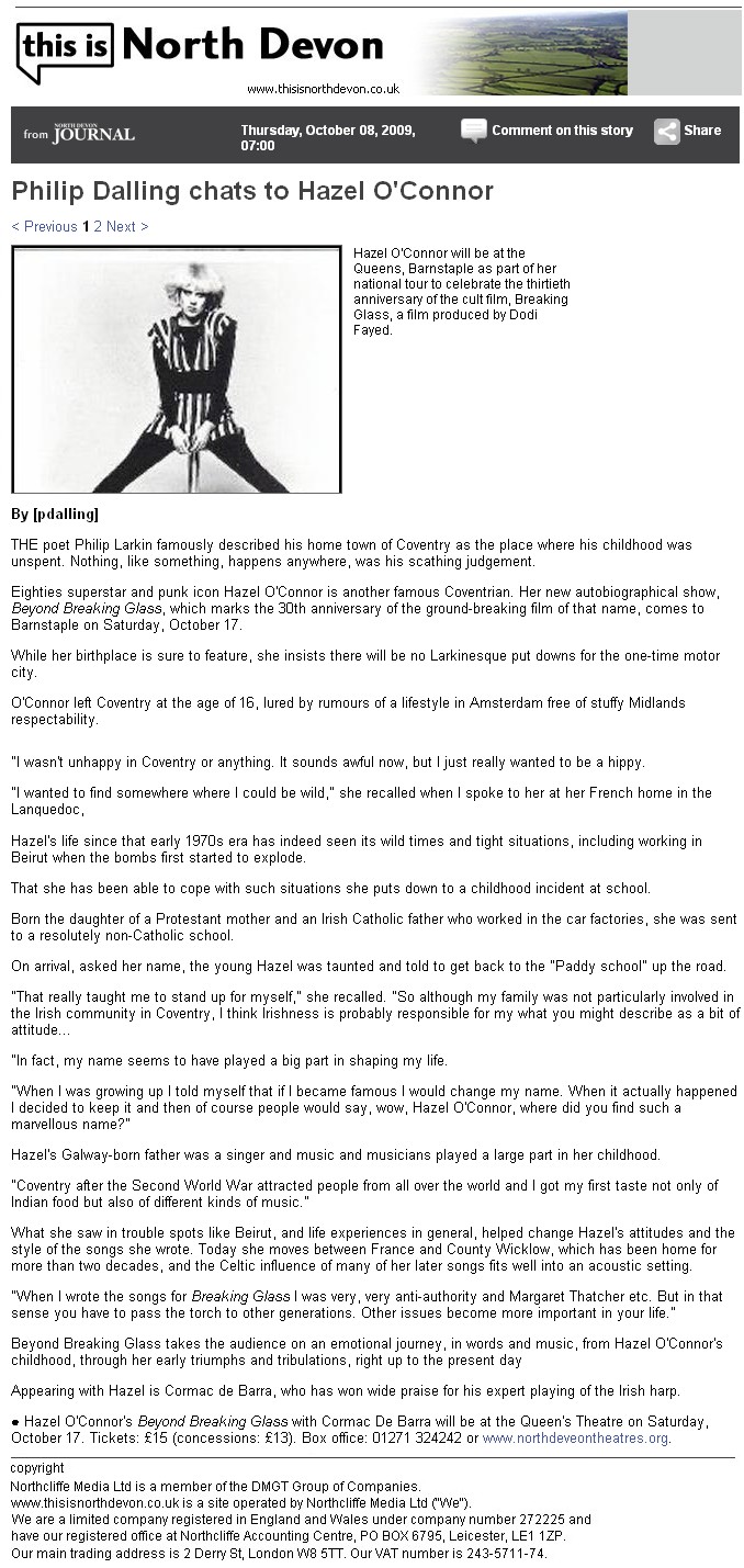 Hazel O'Connor in This Is North Devon Journal 08 Oct 2009