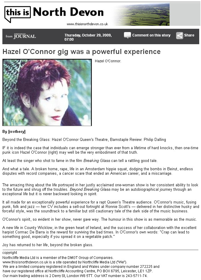 Hazel O'Connor in This Is North Devon Journal 29 Oct 2009